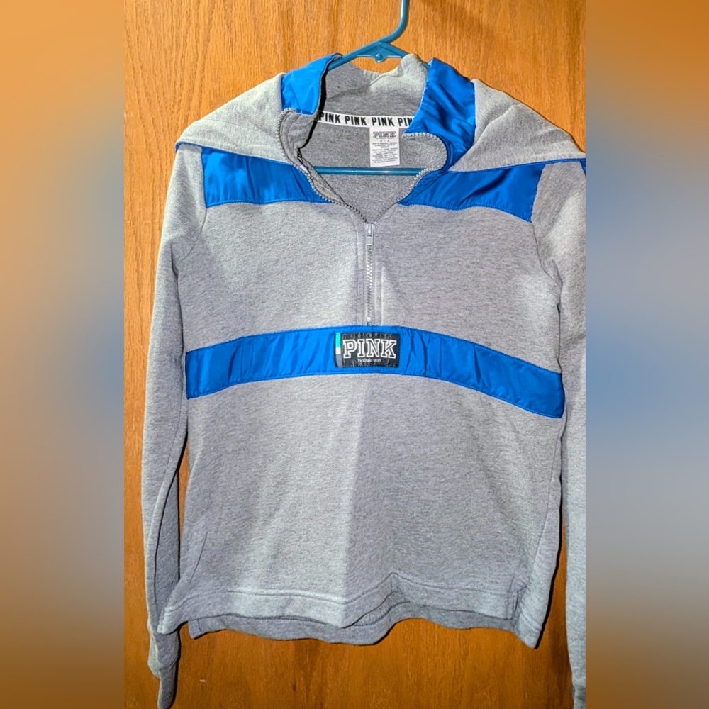 PINK Victoria's Secret Gray Hoodie with Blue Trim